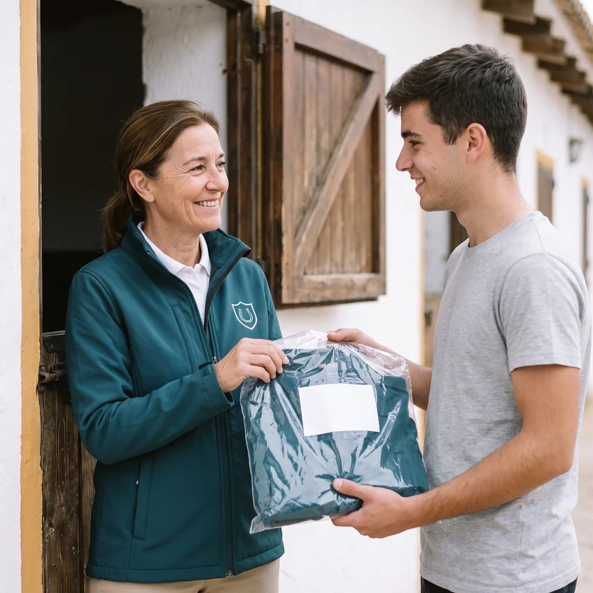 Un empleado nuevo recibe su bolsa con su ropa el primer día